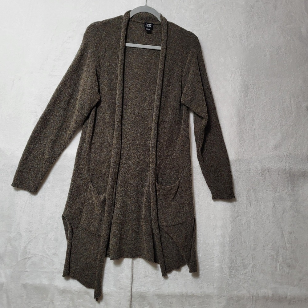 Eileen Fisher Sweater Womens Small Brown Wool Blend‎ Open Front Cardigan Pockets